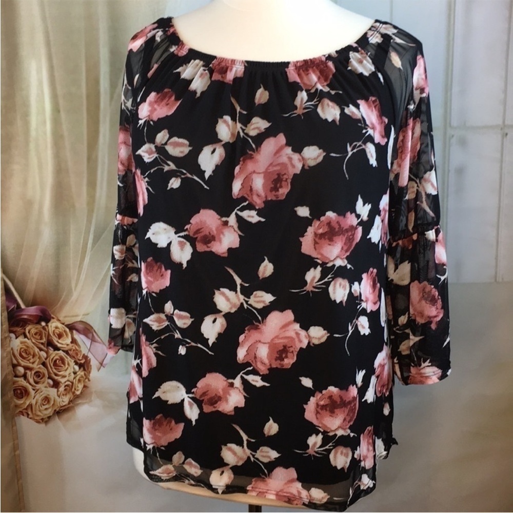 NEW Ashley Blue Black Floral Blouse XL